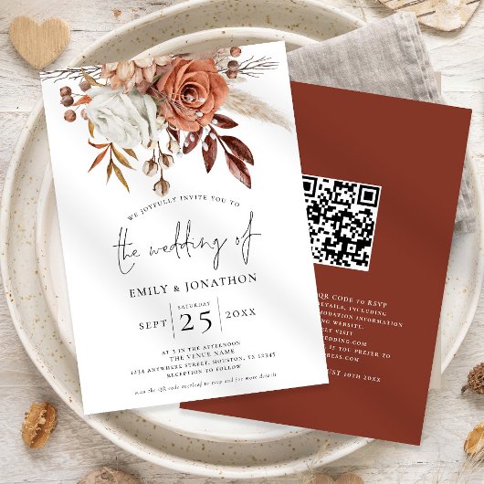 Invitation Mariage avec code QR Florales en Terracotta Rustiq