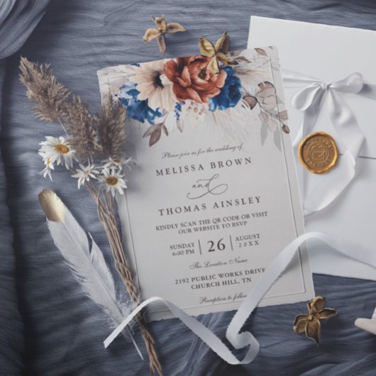 Invitation Mariage avec Code QR Herbe de Pampas Bleu Marine T