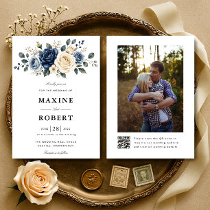 Invitation Mariage avec code QR photo Bleu poussiéreux, Nuit