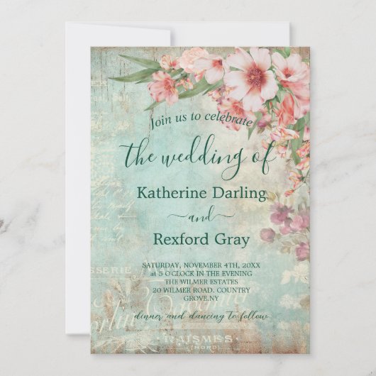 Invitation Mariage avec code QR pour photo rose et vert vinta (Devant)