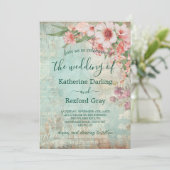 Invitation Mariage avec code QR pour photo rose et vert vinta (Debout devant)