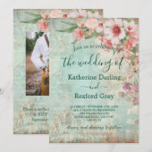 Invitation Mariage avec code QR pour photo rose et vert vinta (Devant / Derrière)