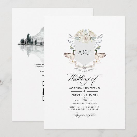 Invitation Mariage avec code QR RSVP Crête Monogramme au bord (Devant / Derrière)