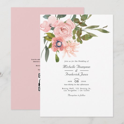 Invitation Mariage avec code QR RSVP Fleurs Rose Tendresse (Devant / Derrière)