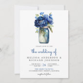 Invitation Mariage avec code QR sur pot Mason floral bleu roy (Devant)