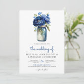 Invitation Mariage avec code QR sur pot Mason floral bleu roy (Debout devant)
