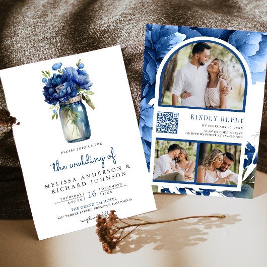 Invitation Mariage avec code QR sur pot Mason floral bleu roy