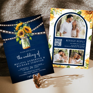 Invitation Mariage avec code QR sur pot Mason Tournesols Bleu