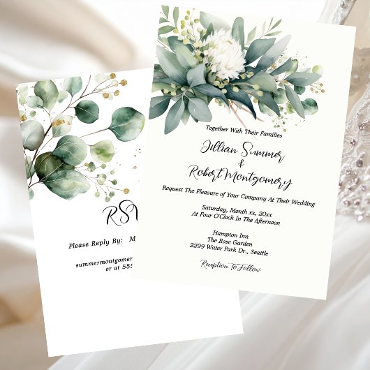 Invitation Mariage avec des accents dorés et de la verdure fl