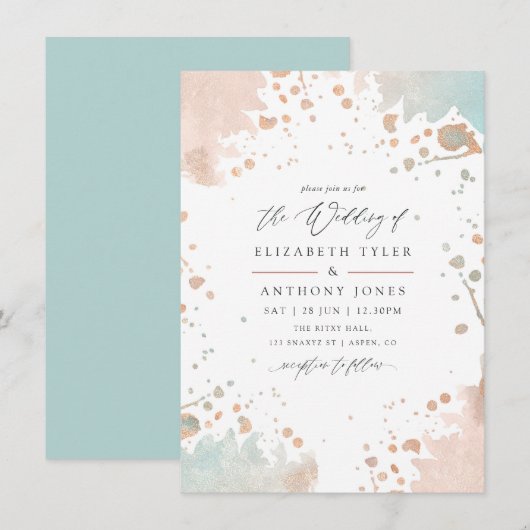Invitation Mariage avec éclaboussures de peinture Rose Gold e (Devant / Derrière)