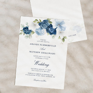 Invitation Mariage avec écriture marine à fleurs bleu poussié