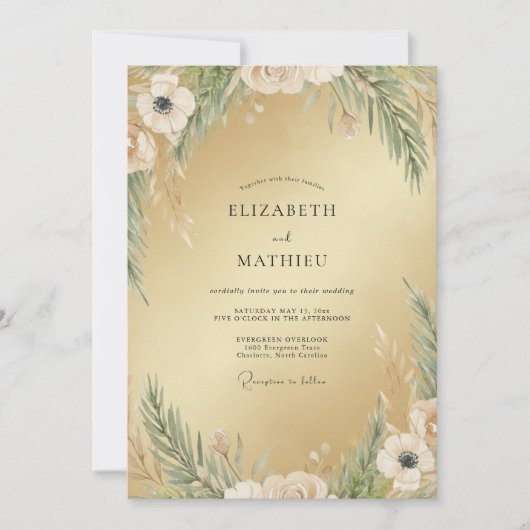 Invitation Mariage avec feuillage de mousse Champagne (Devant)