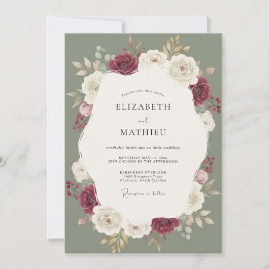 Invitation Mariage avec feuillage de mousse de Bourgogne (Devant)