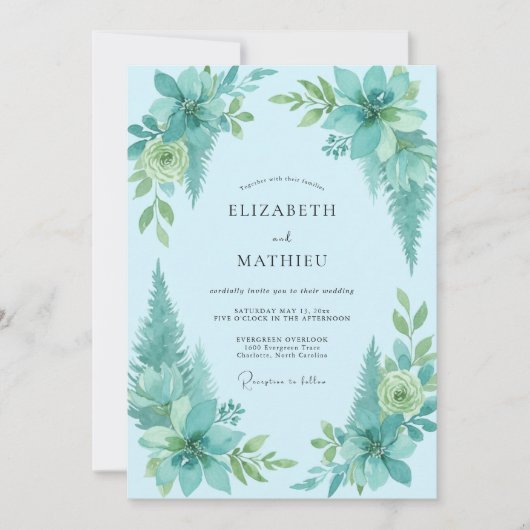 Invitation Mariage avec feuillage peint aqua (Devant)