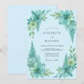 Invitation Mariage avec feuillage peint aqua (Devant / Derrière)