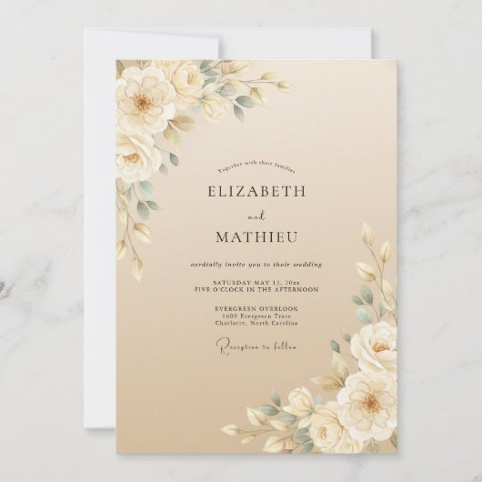 Invitation Mariage avec feuillage peint champagne (Devant)