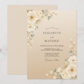 Invitation Mariage avec feuillage peint champagne (Devant / Derrière)