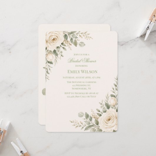 Invitation Mariage avec feuillage vert sauge et crème (Devant/Arrière en situation)