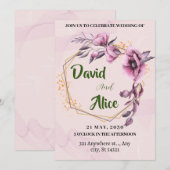 Invitation Mariage avec fleurs d'aquarelle rose, cadre or (Devant / Derrière)