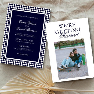 Invitation Mariage avec fond de photo à bordure Harlequin ble