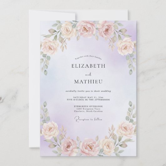 Invitation Mariage avec Guirlande de Pêche Pervenche (Devant)