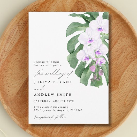 Invitation Mariage avec orchidée blanche sur feuille tropical