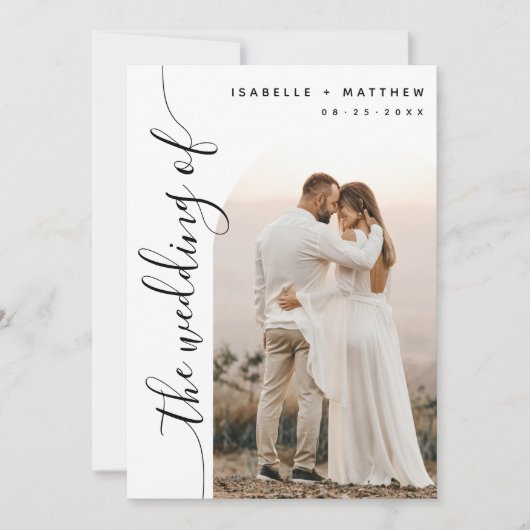 Invitation Mariage avec photo d'arc de script vertical (Devant)