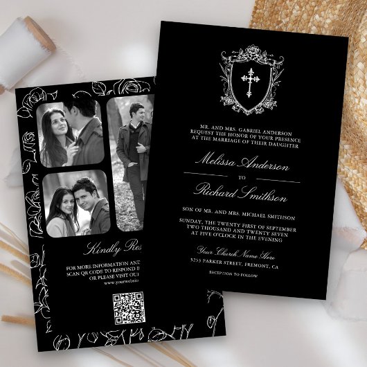 Invitation Mariage avec QR Code Catholique Noir Victorien