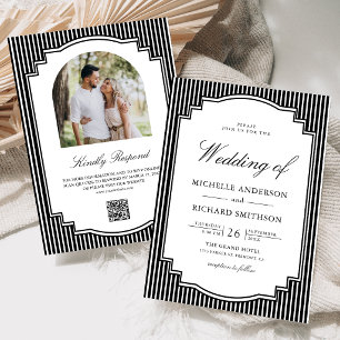 Invitation Mariage avec QR Code de Photo Rayée Noir et Blanc