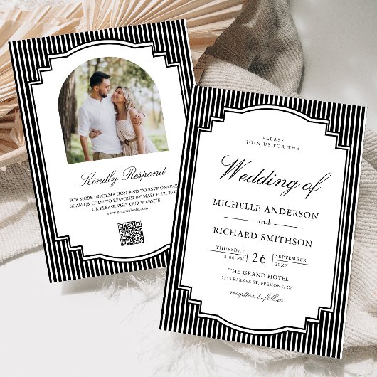 Invitation Mariage avec QR Code de Photo Rayée Noir et Blanc