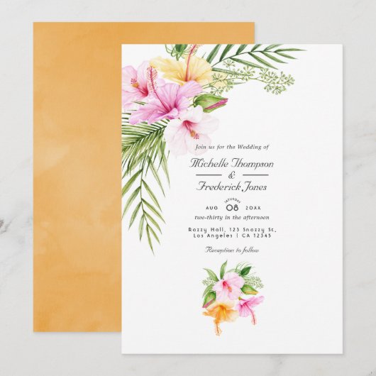 Invitation Mariage avec QR Code RSVP Plage Fleur Tropicale (Devant / Derrière)