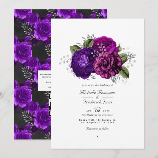 Invitation Mariage avec réponse QR Code à fleurs violet royal (Devant / Derrière)