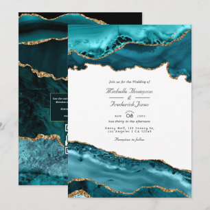 Invitation Mariage avec réponse QR Code en Agate Bleu-vert et