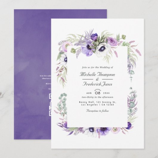 Invitation Mariage avec réponse QR Code Fleur Violet Poussiér (Devant / Derrière)