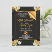 Invitation Mariage avec roses et anneaux dorés (Debout devant)