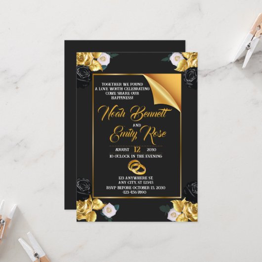 Invitation Mariage avec roses et anneaux dorés (Devant/Arrière en situation)