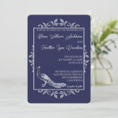 Invitation Mariage avec un déploiement de paon bleu marine (Debout devant)