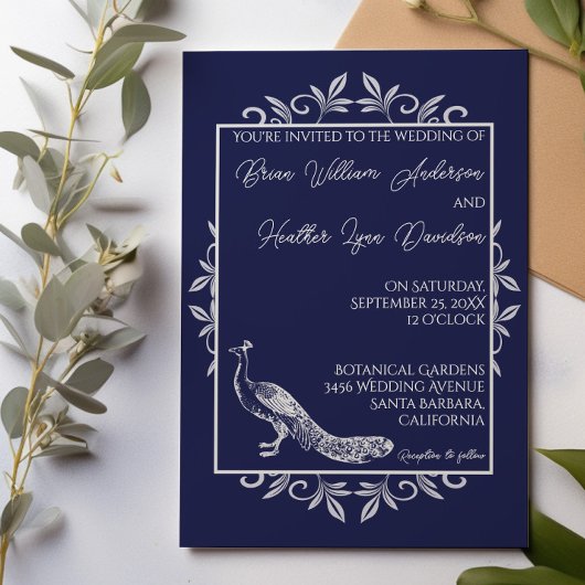 Invitation Mariage avec un déploiement de paon bleu marine