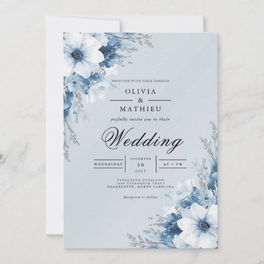 Invitation Mariage avec une arche florale bleu clair (Devant)