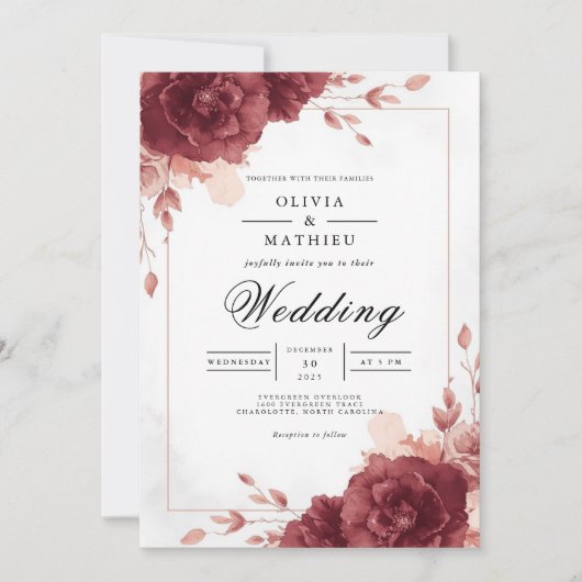 Invitation Mariage avec une arche florale bordeaux profond (Devant)