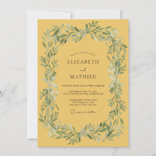 Invitation Mariage avec une bordure de feuilles vertes jaunes