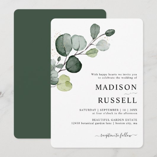 Invitation Mariage avec verdure d'eucalyptus et éclaboussures (Devant / Derrière)
