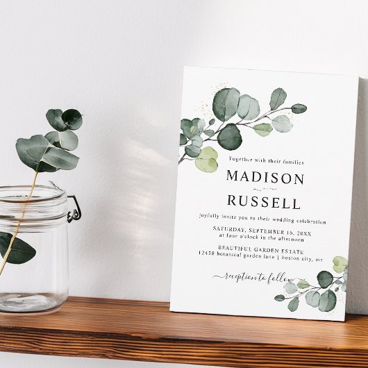 Invitation Mariage avec verdure éclaboussée d'or d'eucalyptus