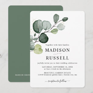 Invitation Mariage avec verdure éclaboussée d'or d'eucalyptus