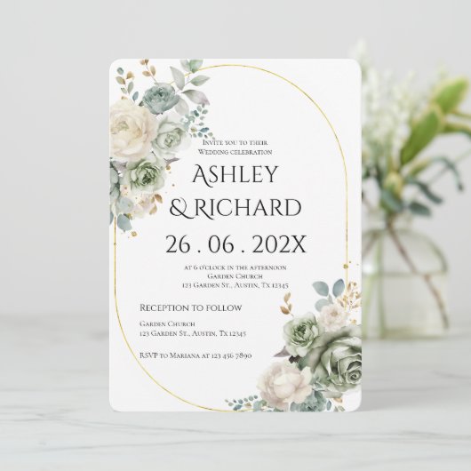 Invitation Mariage avec verdure et fleurs blanches (Debout devant)