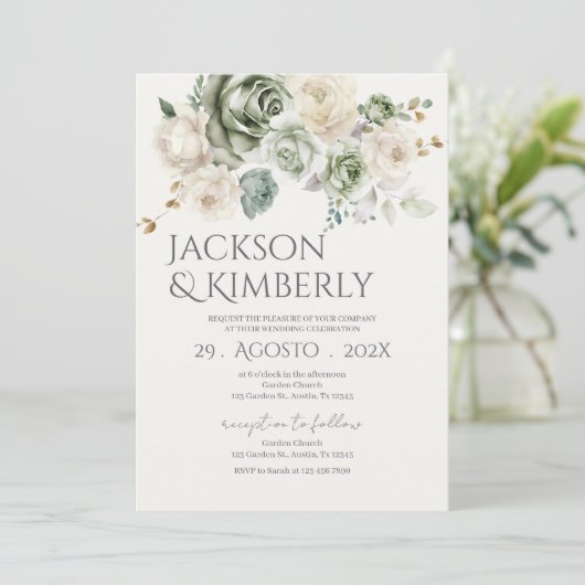 Invitation Mariage avec verdure et fleurs blanches (Debout devant)