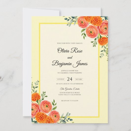 Invitation Mariage avec Vigne Orange Clair (Devant)