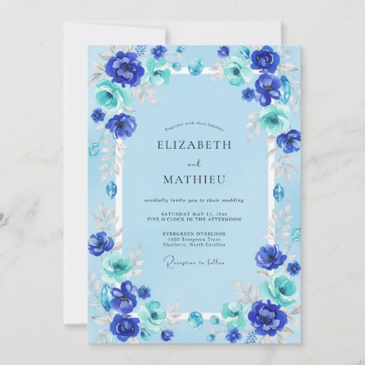 Invitation Mariage Azur Cobalt Ranunculus Eucalyptus (Devant)