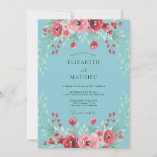 Invitation Mariage Azur Cramoisi Ranunculus Eucalyptus