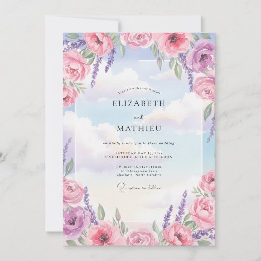 Invitation Mariage Azur Violet Ranunculus Eucalyptus (Devant)